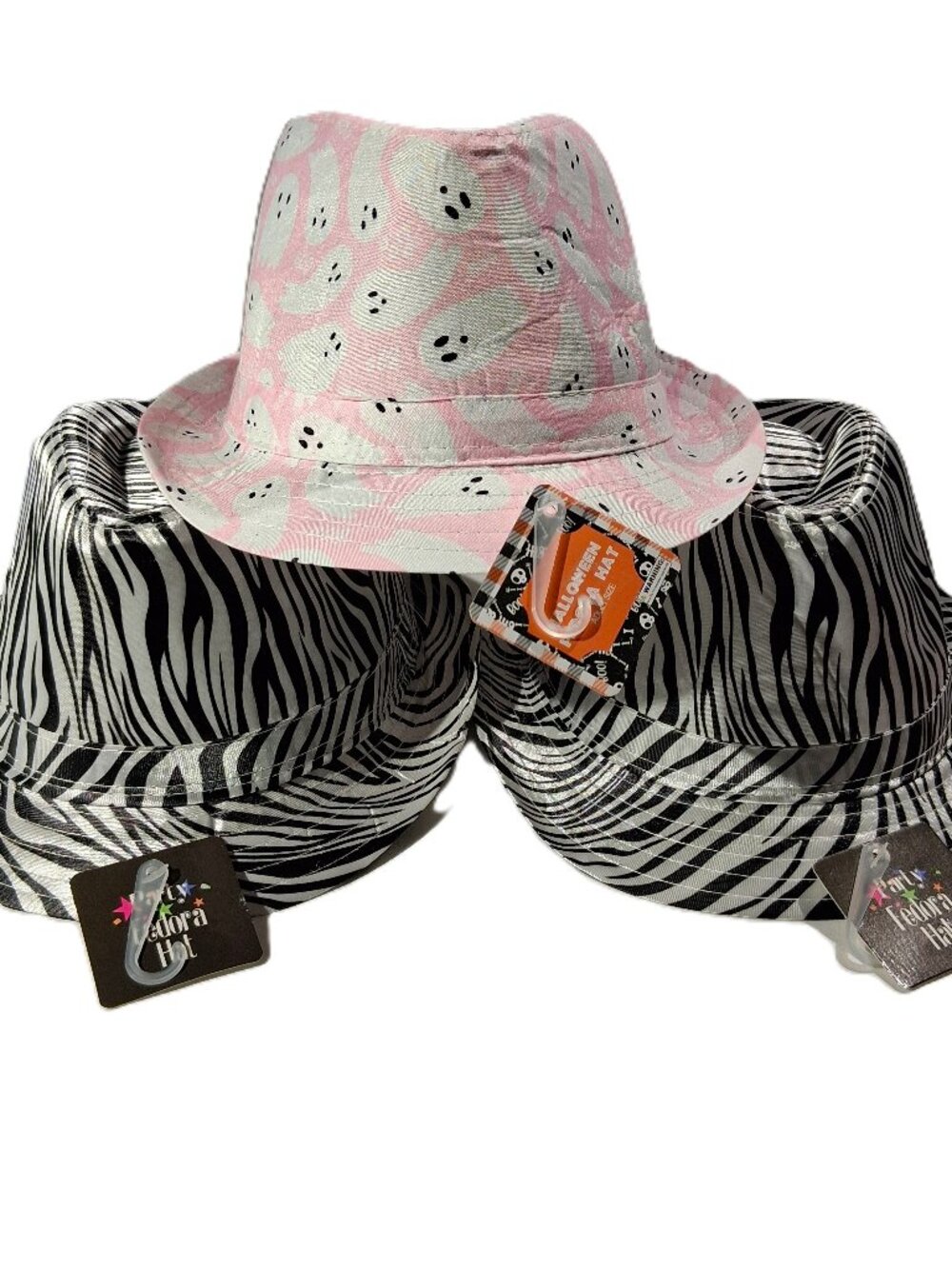 3 Halloween FEDORA Hats Adult size 1 Pink Ghost 2 Black/White Zebra print NEW